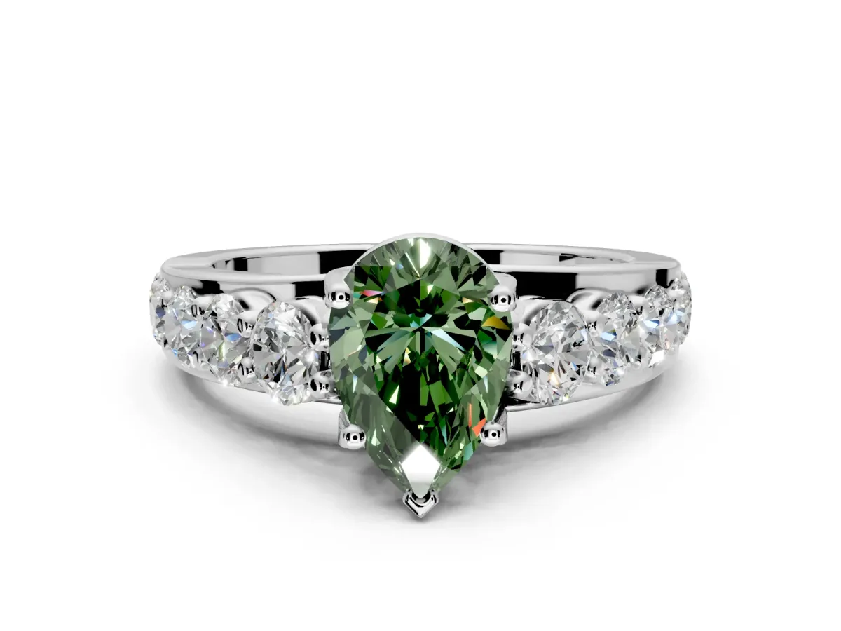 Solitaire Engagement Ring Setting for Fancy Green Pear-Shaped Center with Graduated Shared Prongs and Prong Head in Platinum
