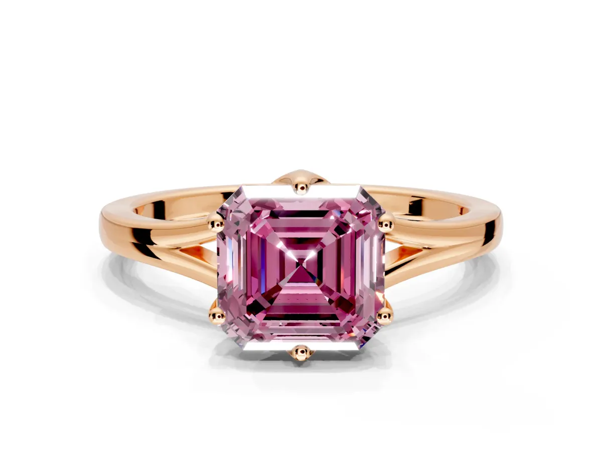 Solitaire Engagement Ring Setting for Fancy Pink Asscher Cut Center with Plain Split Shank and Prong Head in Rose Gold