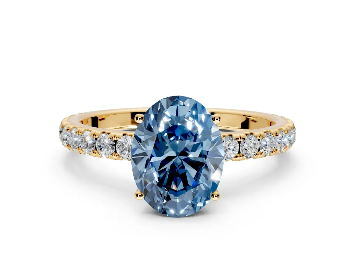 Solitaire Engagement Ring Setting for Fancy Blue Oval Center with Large Accent Band and Prong Head in Yellow Gold