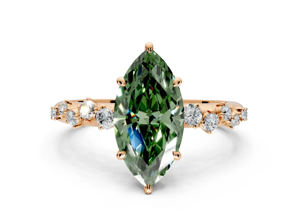 Cluster Engagement Ring Setting for Fancy Green Marquise Center with Round Cut Accent Band and Prong Head in Rose Gold