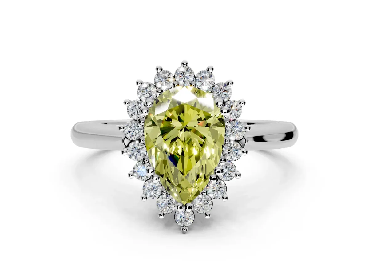 Starburst Halo Engagement Ring Setting for Fancy Yellow Pear-Shaped Center with Thin Round-Wire Band and Prong Head in Platinum