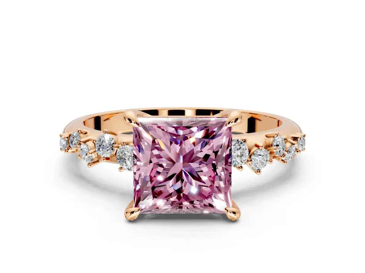 Solitaire Engagement Ring Setting for Fancy Pink Princess Cut Center with Trailing Leaf Accent Band and Prong Head in Rose Gold
