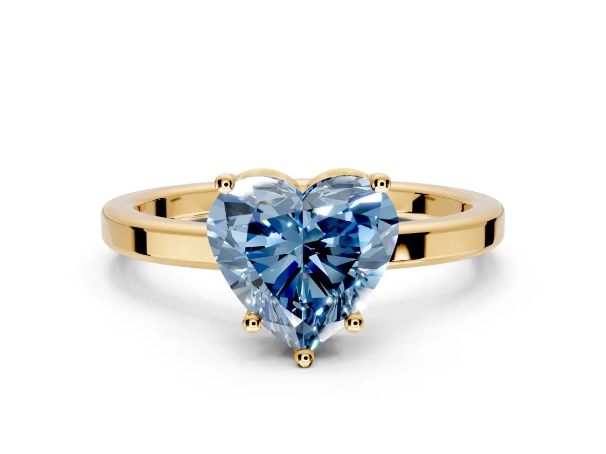 Hidden Halo Engagement Ring Setting for Fancy Blue Heart-Shaped Center with Wide Flat Plain Band and Prong Head in Yellow Gold