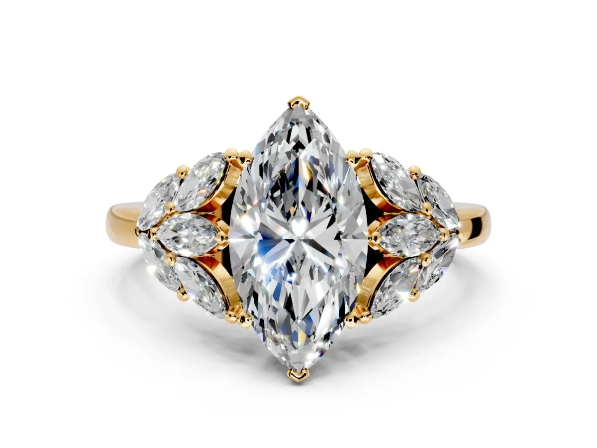 Leaf Cluster Engagement Ring Setting for Marquise Center with Marquise Accents and Prong Head in Yellow Gold