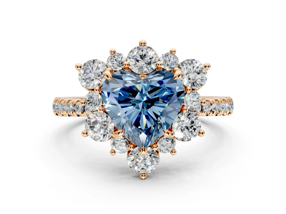 Floral Halo Engagement Ring Setting for Fancy Blue Heart-Shaped Center with Pave Accents and Prong Head in Rose Gold