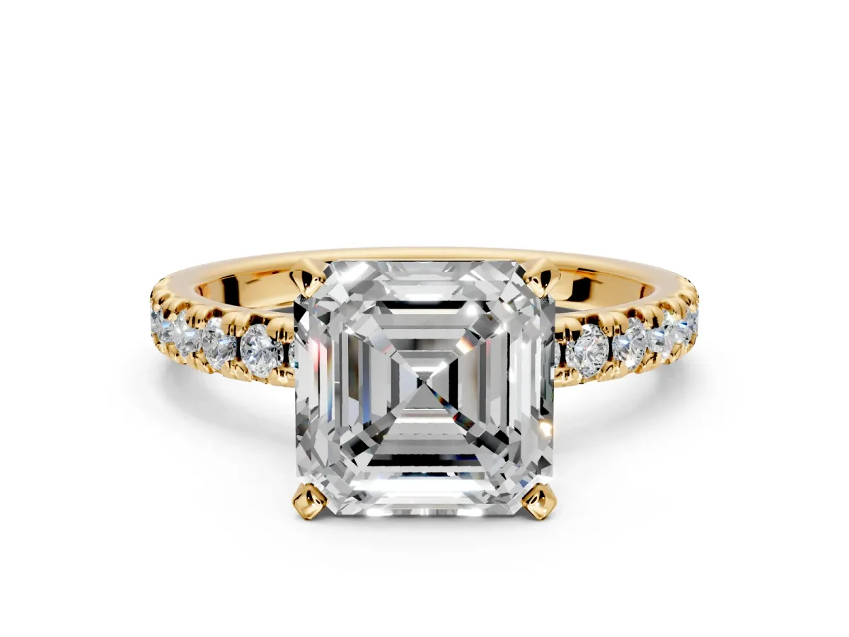 Solitaire Engagement Ring Setting for Asscher Cut Center with Large Accents and Prong Head in Yellow Gold
