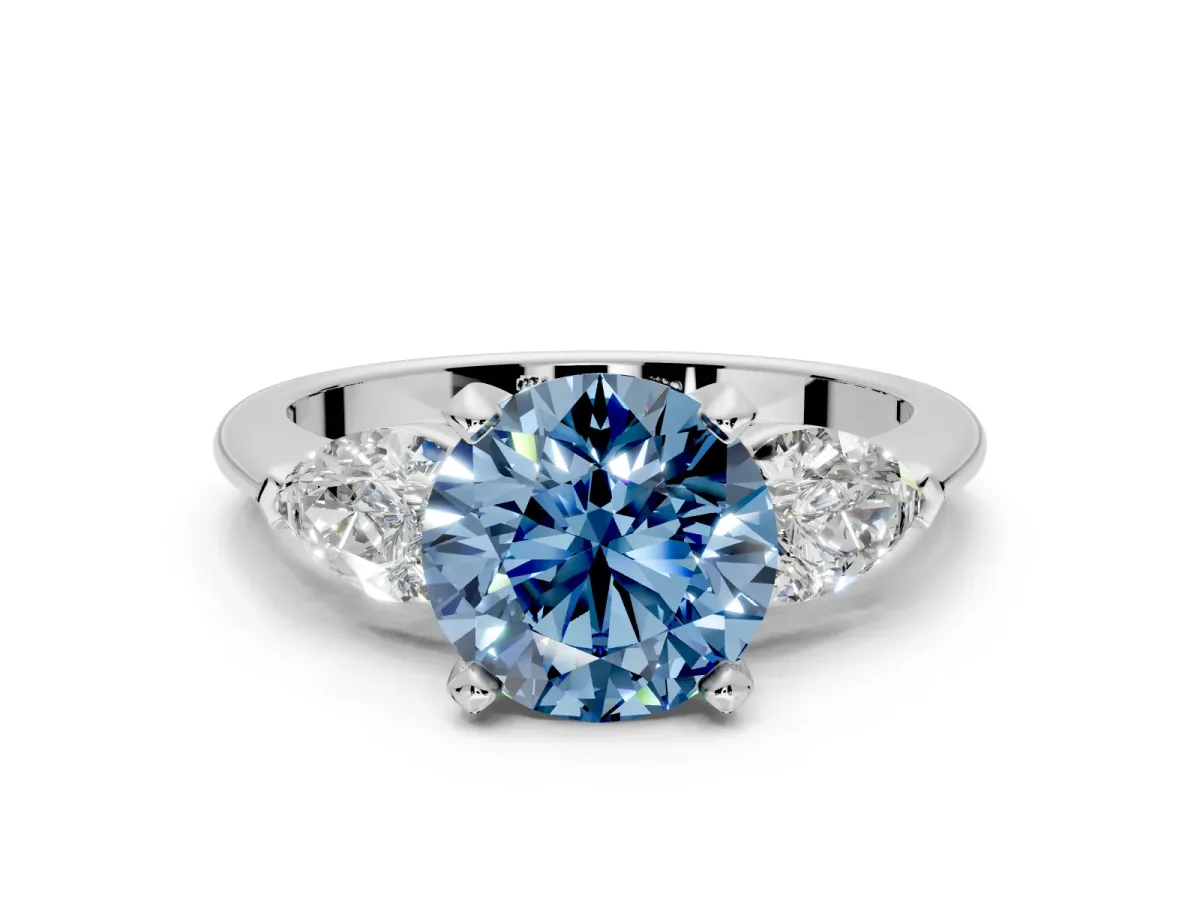 3 Stone Engagement Ring Setting for Fancy Blue Round Cut Center with Large Pear-Shaped Accents and Prong Head in Sterling Silver