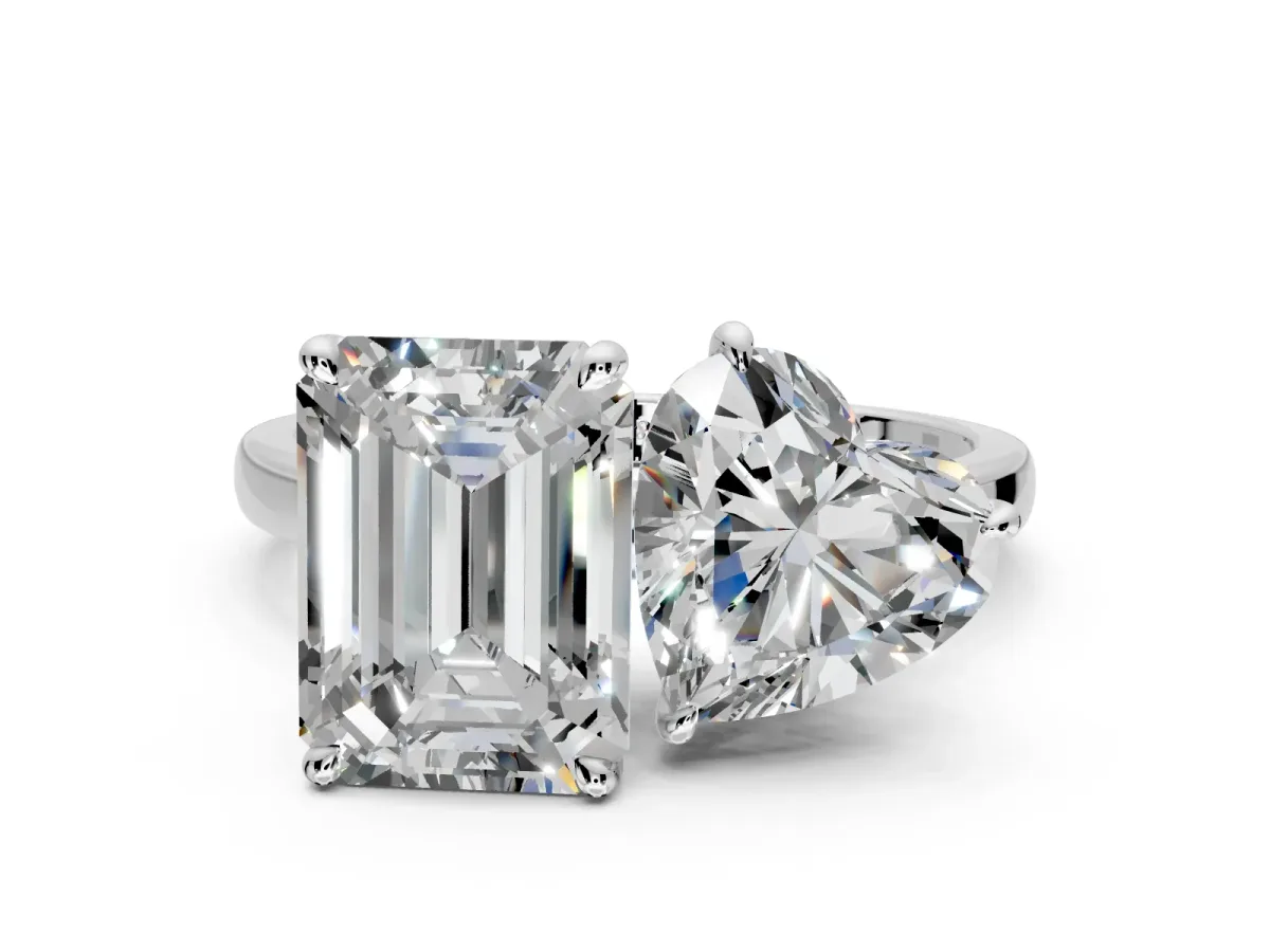 Heart-Shaped and Emerald Cut Lab-Grown Diamond Toi et Moi Engagement Ring with Prong-Set Stones in Platinum