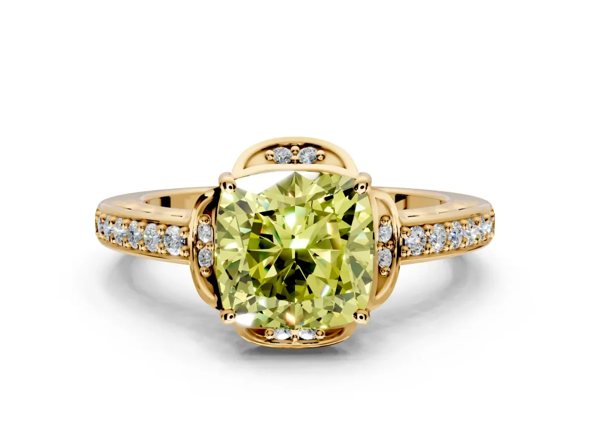 Floral Engagement Ring Setting for Fancy Yellow Cushion Cut Center with Four Accent Clusters and Prong Head in Yellow Gold