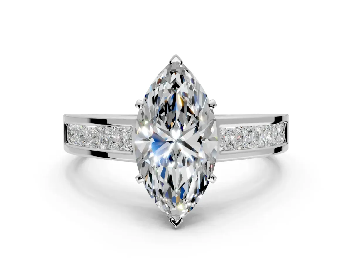 Solitaire Engagement Ring Setting for Marquise Center with Princess Cut Channel Band and Prong Head in White Gold