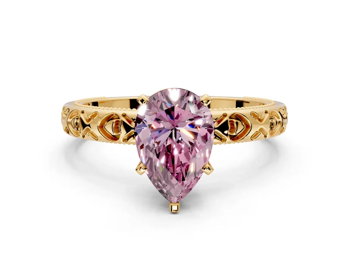 Solitaire Engagement Ring Setting for Fancy Pink Pear-Shaped Center with XO Engraved Band and Prong Head in Yellow Gold