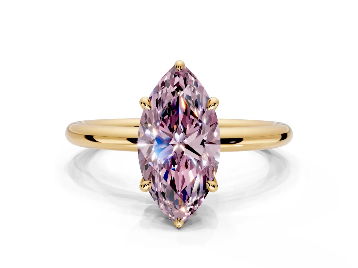 Hidden Halo Engagement Ring Setting for Fancy Pink Marquise Center with Thin Rounded Band and Prong Head in Yellow Gold