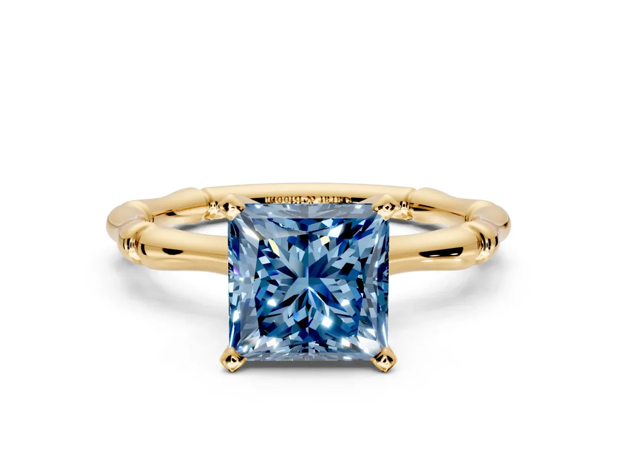 Solitaire Engagement Ring Setting for Fancy Blue Princess Cut Center with Bamboo Band and Prong Head in Yellow Gold