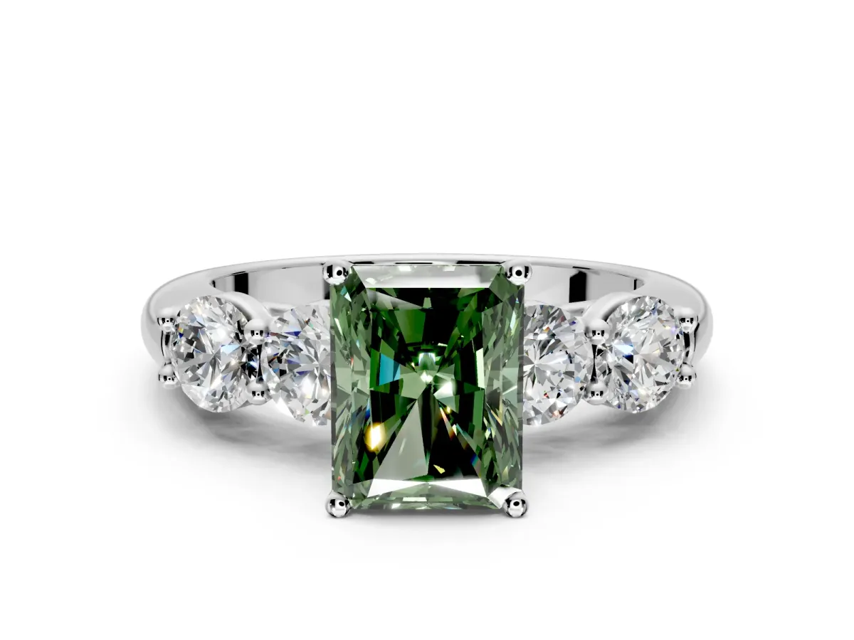 5 Stone Engagement Ring Setting for Fancy Green Radiant Cut Center with Graduated Accents and Prong Head in Platinum