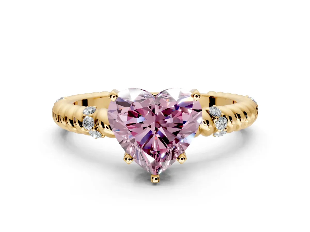 Rope Engagement Ring Setting for Fancy Pink Heart-Shaped Center with Accent Shoulders and Prong Head in Yellow Gold