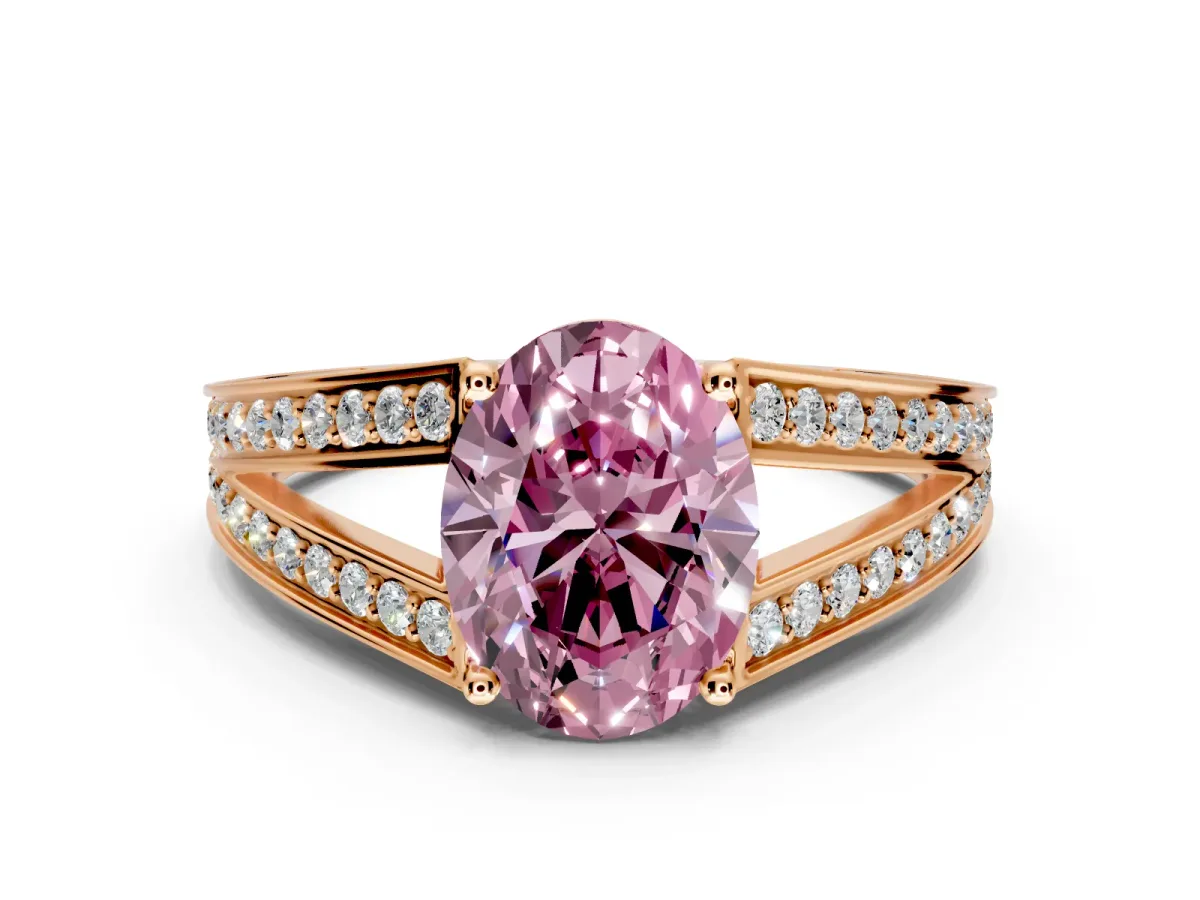 Split Shank Engagement Ring Setting for Fancy Pink Oval Center with Pave Split Shank and Prong Head in Rose Gold