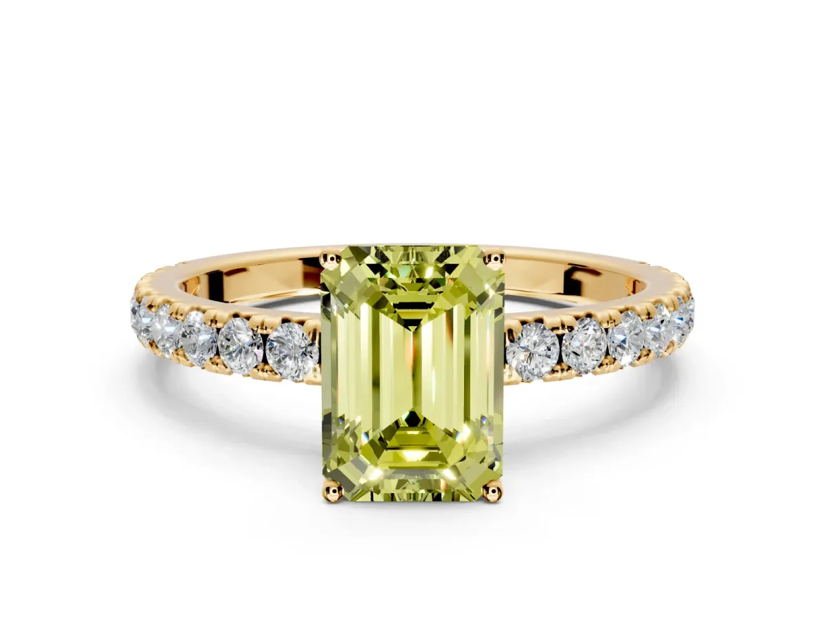 Solitaire Engagement Ring Setting for Fancy Yellow Emerald Cut Center with Large Accent Band and Prong Head in Yellow Gold