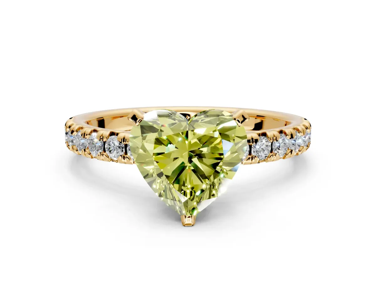 Solitaire Engagement Ring Setting for Fancy Yellow Heart-Shaped Center with Large Accents and Prong Head in Yellow Gold