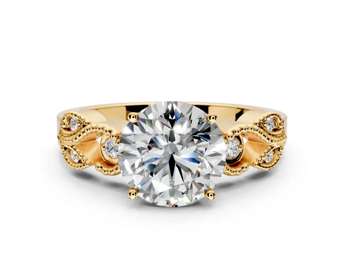 Leaf Engagement Ring Setting for Round Cut Center with Milgrain Accent Band and Prong Head in Yellow Gold