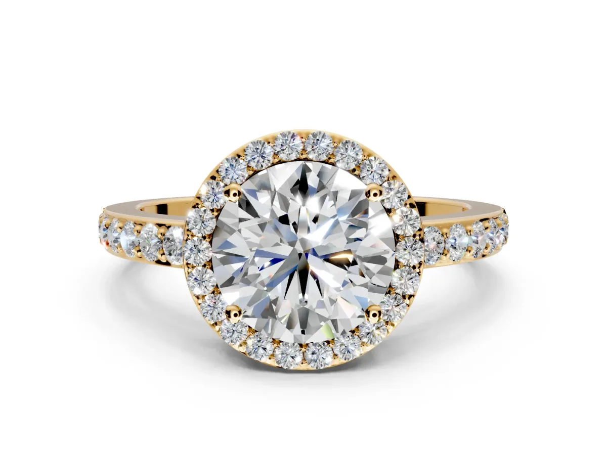 Halo Engagement Ring Setting for Round Cut Center with Heart-Shaped Openwork, Pave Band and Prong Head in Yellow Gold