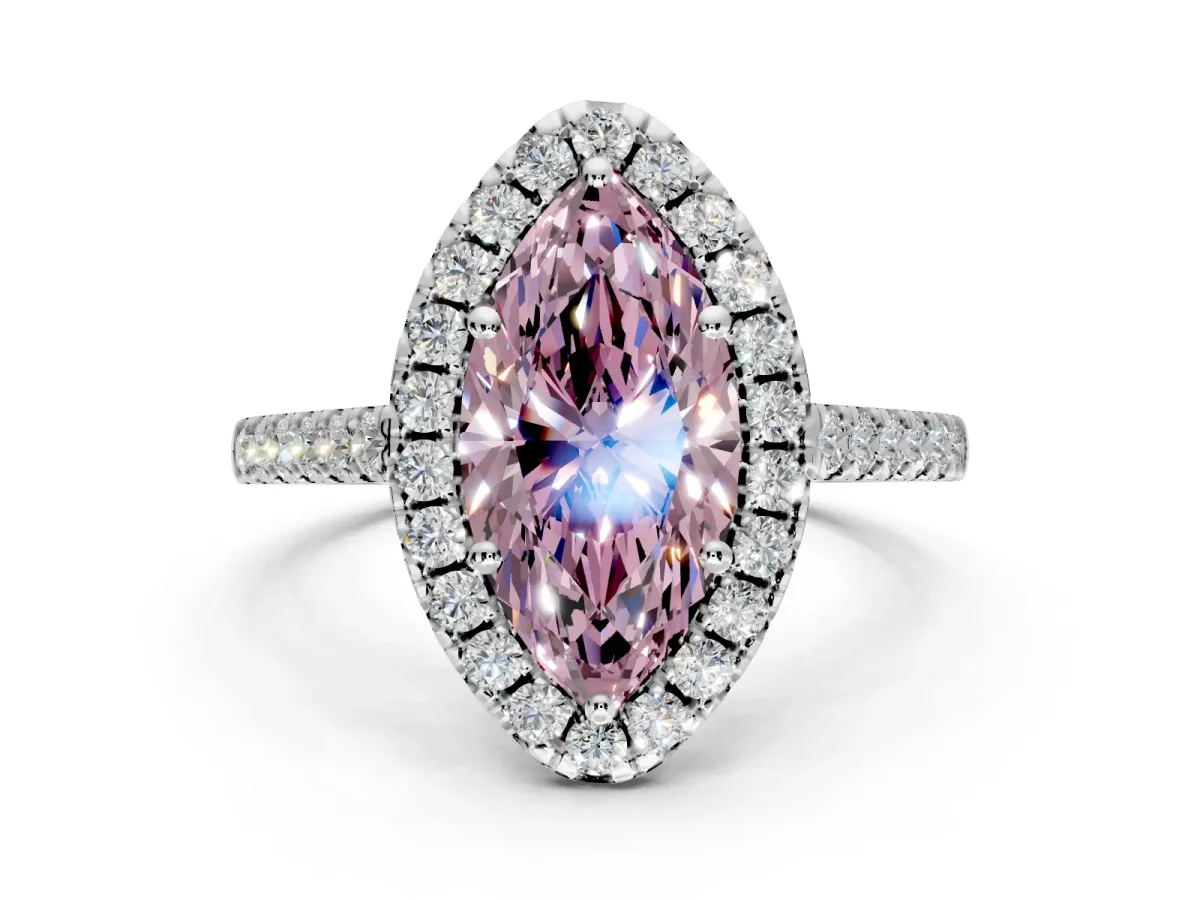 Halo Engagement Ring Setting for Fancy Pink Marquise Center with Raised Halo, Pave Band and Prong Head in Platinum