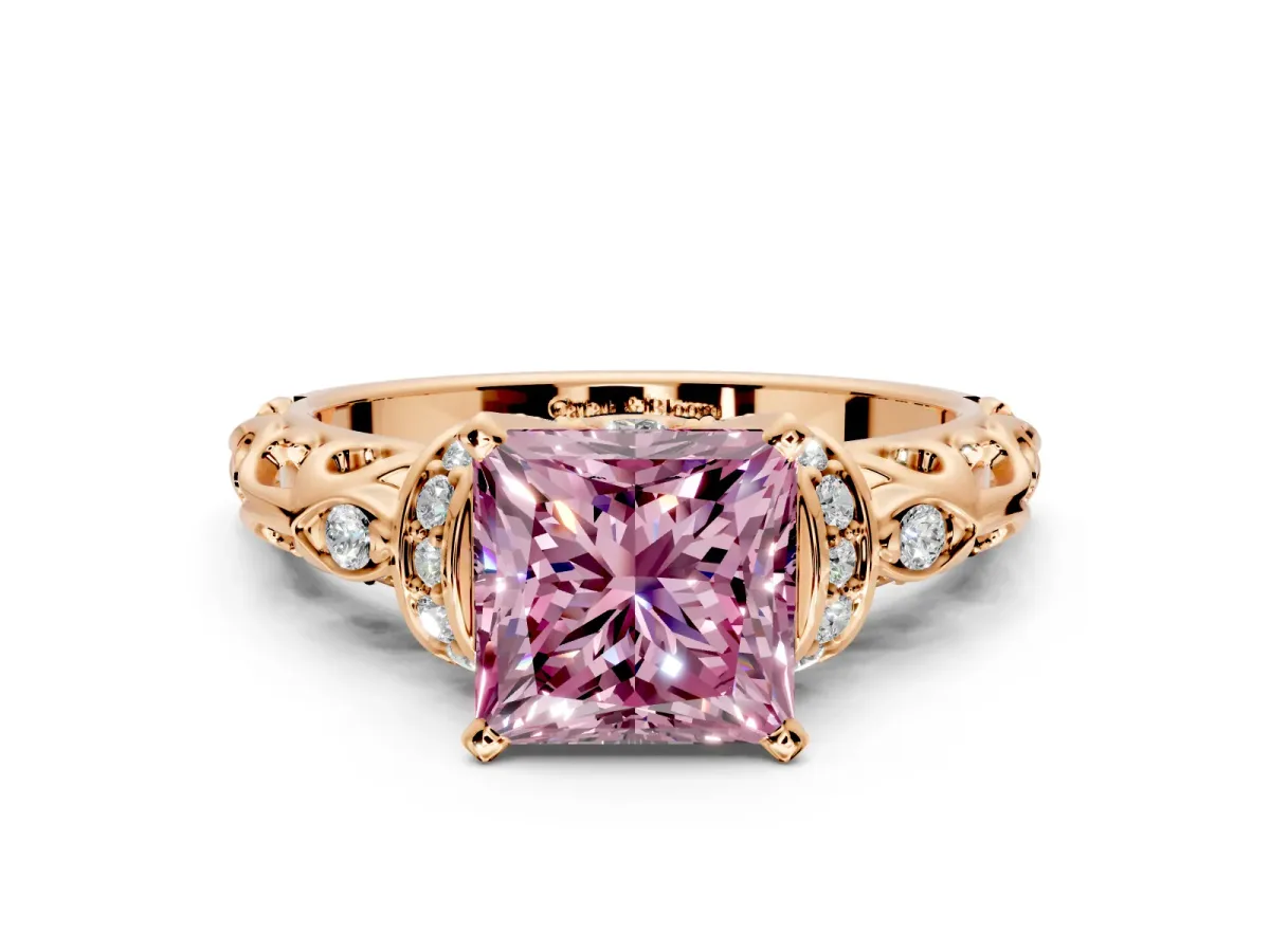 Solitaire Engagement Ring Setting for Fancy Pink Princess Cut Center with Filigree Band and Prong Head in Rose Gold