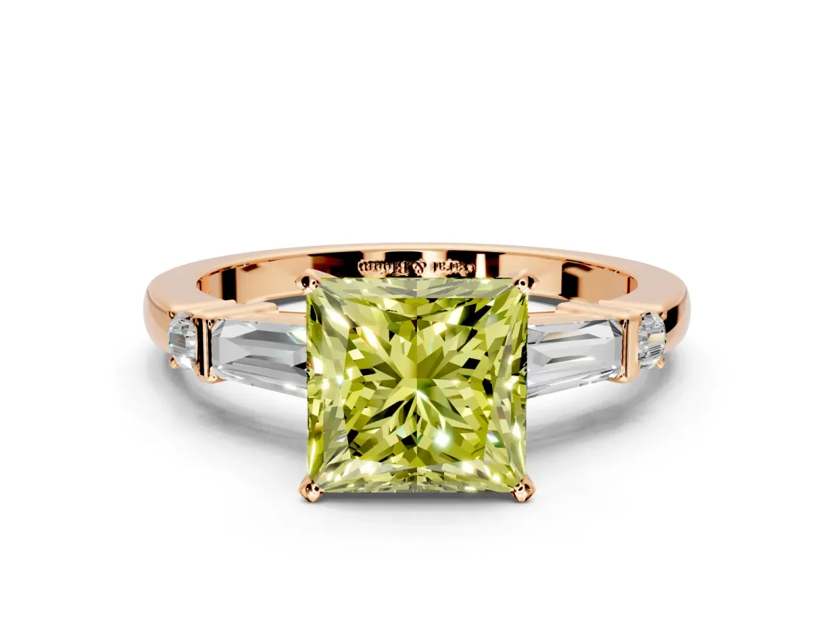 Bar-Set Engagement Ring Setting for Fancy Yellow Princess Cut Center with Tapered Baguette Accents and Prong Head in Rose Gold