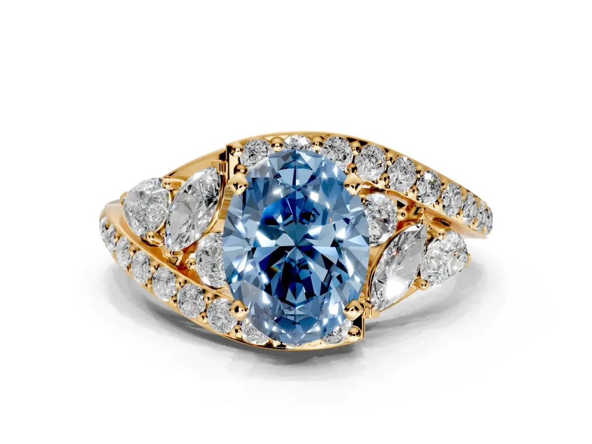 Halo Engagement Ring Setting for Fancy Blue Oval Center with Marquise and Pave Bypass Band and Prong Head in Yellow Gold