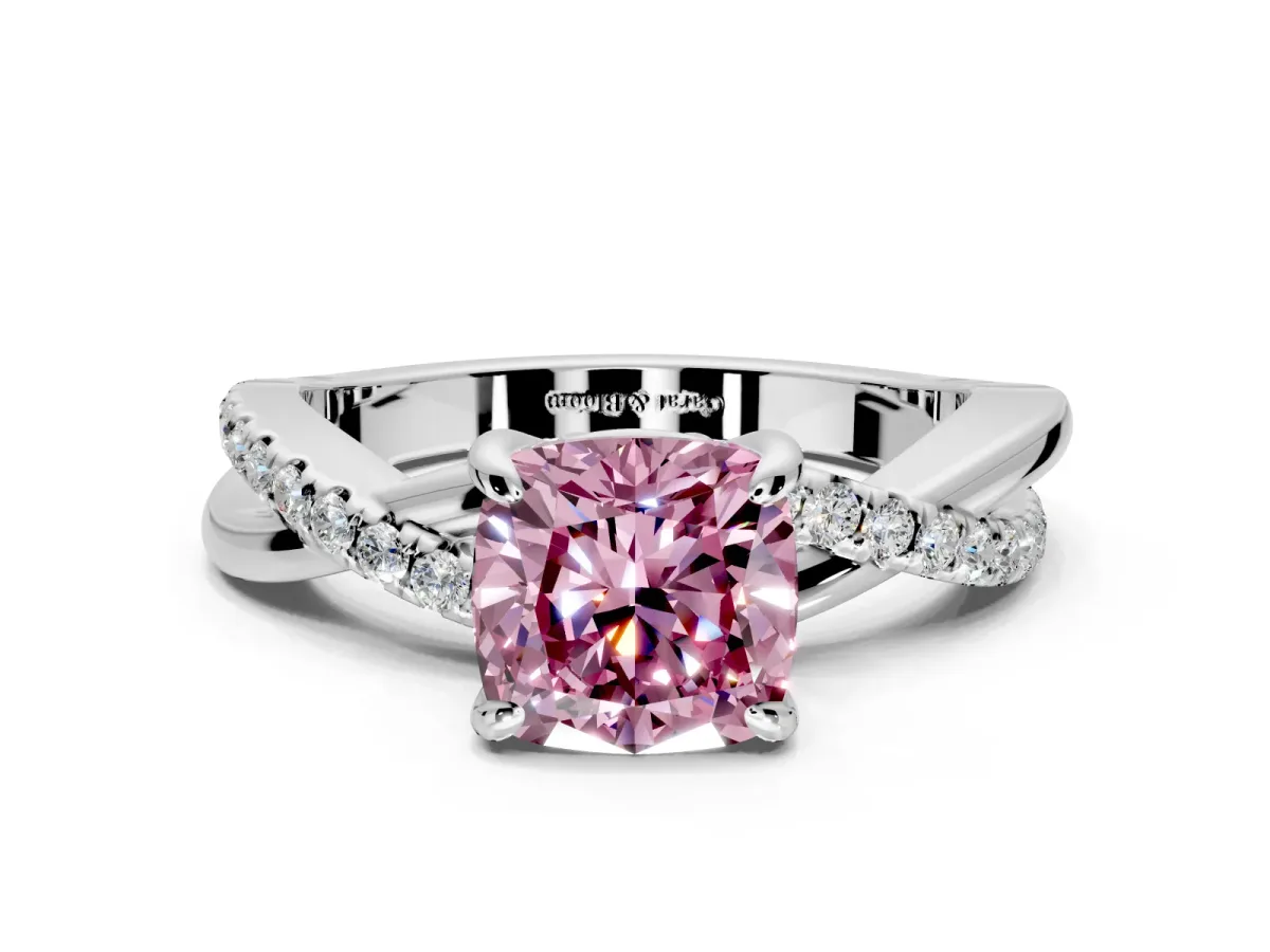 Solitaire Engagement Ring Setting for Fancy Pink Cushion Cut Center with Half-Pave Crossover Band and Prong Head in Sterling Silver