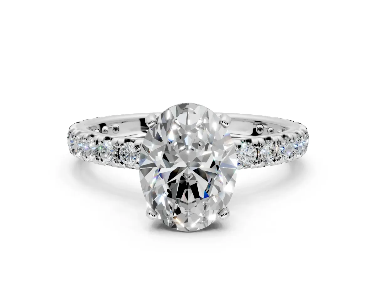 Solitaire Engagement Ring Setting for Oval Center with Shared-Prong Accents and Prong Head in White Gold