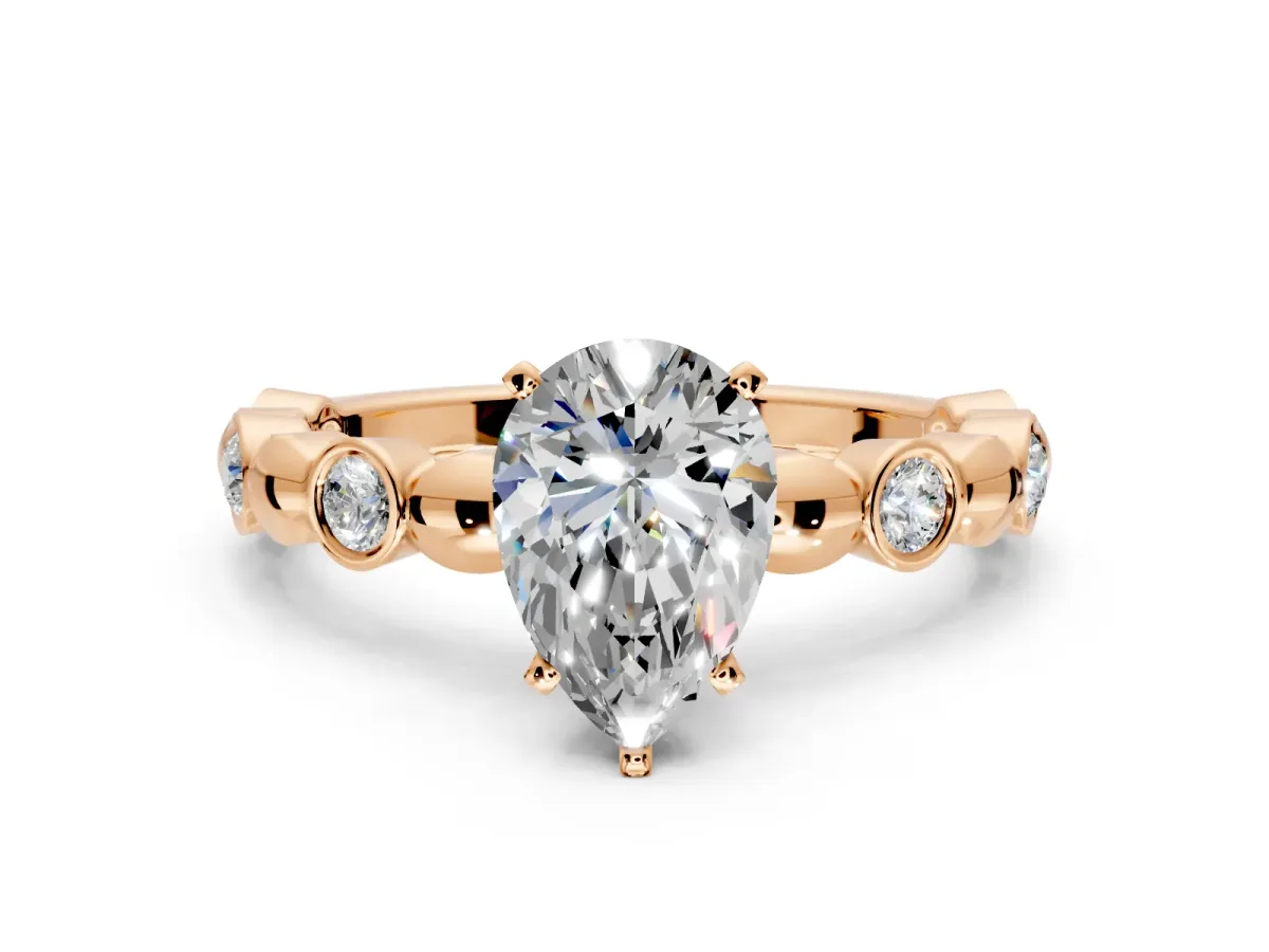 Solitaire Engagement Ring Setting for Pear-Shaped Center with Beaded Bezel Station Band and Prong Head in Rose Gold