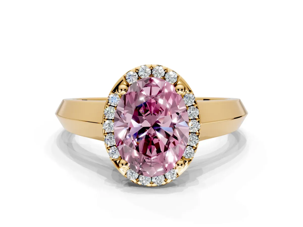 Halo Engagement Ring Setting for Fancy Pink Oval Center with Knife Ridge Cathedral Band and Prong Head in Yellow Gold