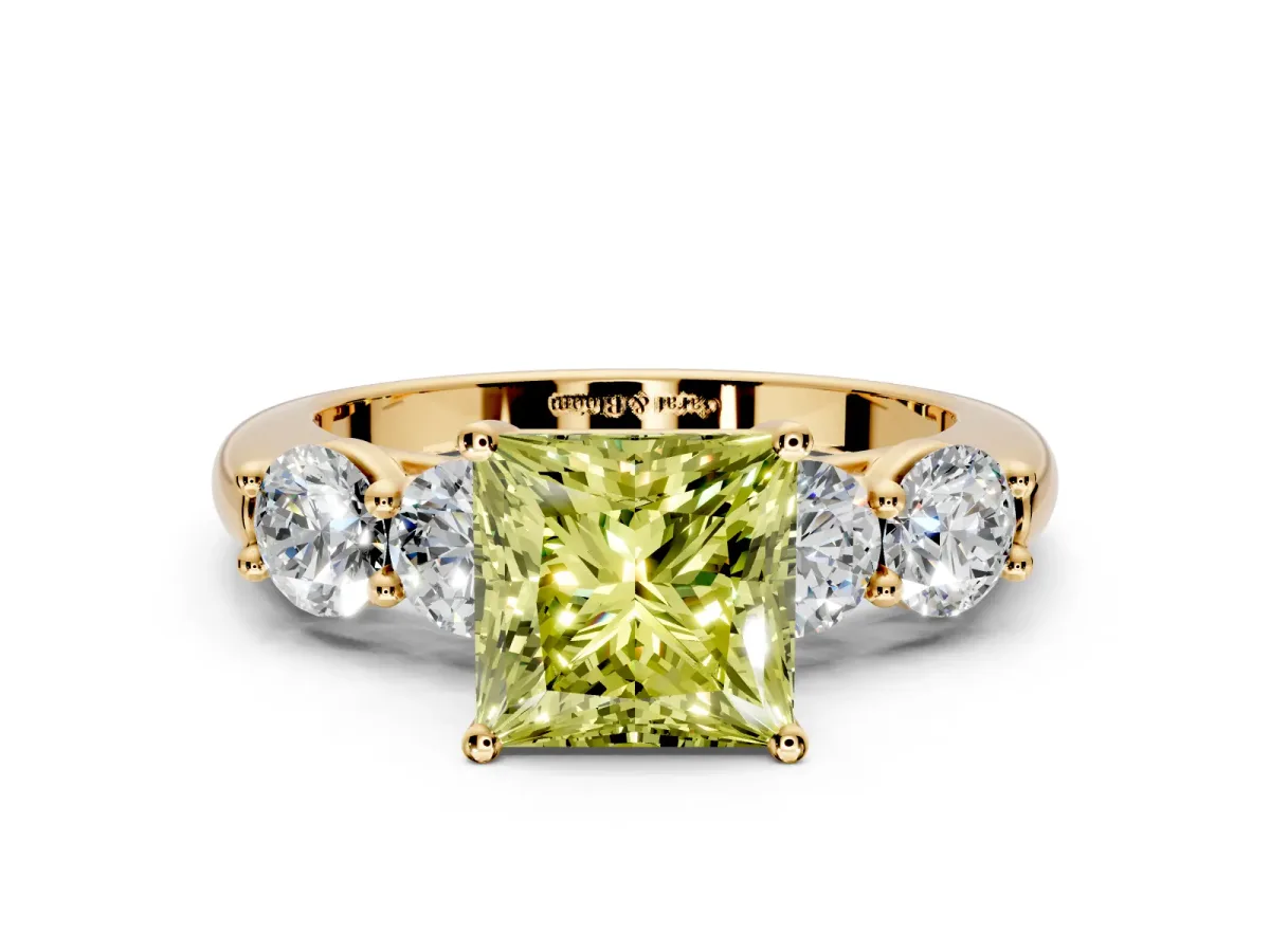 5 Stone Engagement Ring Setting for Fancy Yellow Princess Cut Center with Graduated Accents and Prong Head in Yellow Gold