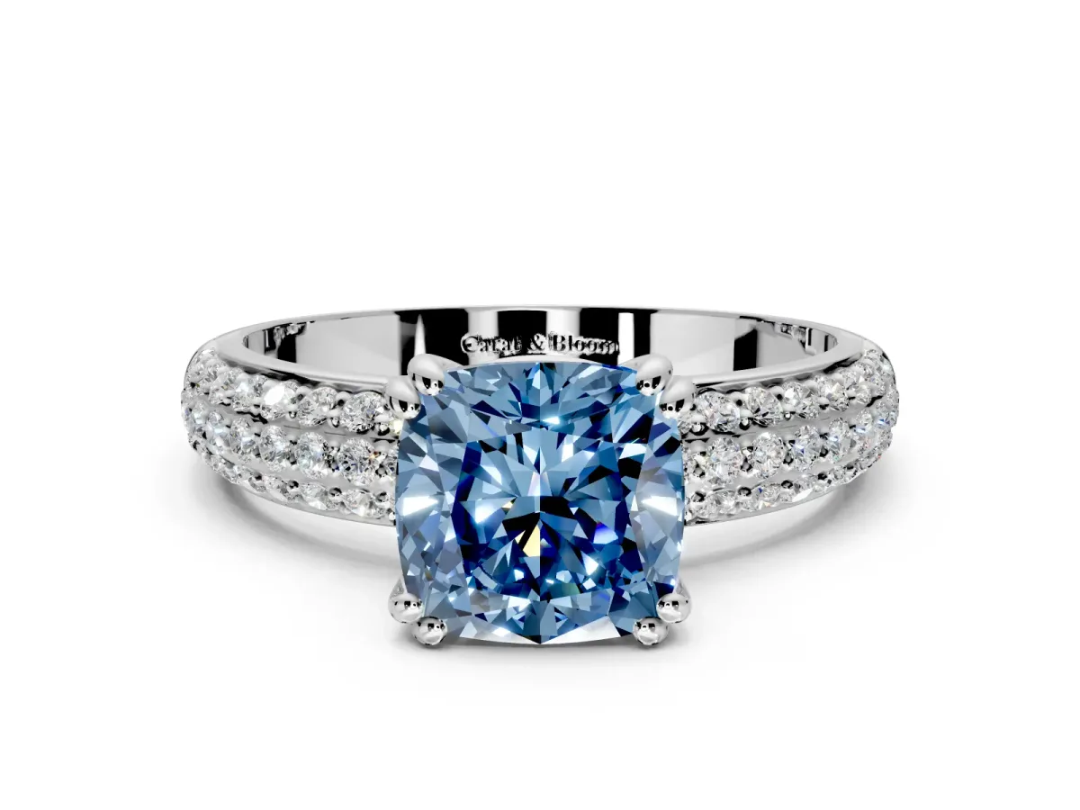 Solitaire Engagement Ring Setting for Fancy Blue Cushion Cut Center with Multi-Row Pave Accents and Basket Head in Sterling Silver
