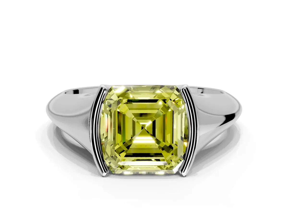 Tension Engagement Ring Setting for Fancy Yellow Asscher Cut Center with Wide Tapered Band and Tension Head in White Gold