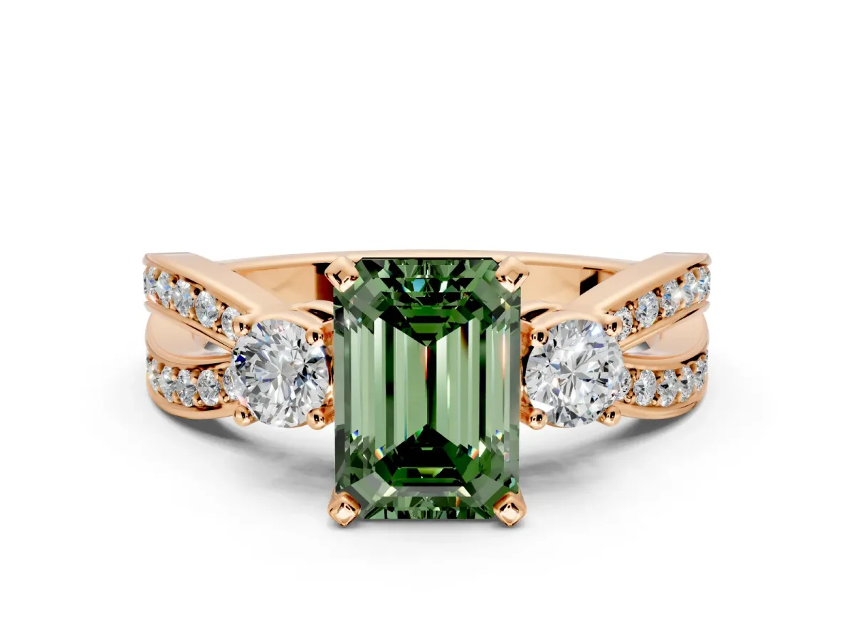 3 Stone Engagement Ring Setting for Fancy Green Emerald Cut Center with Pave Twist Band and Prong Head in Rose Gold