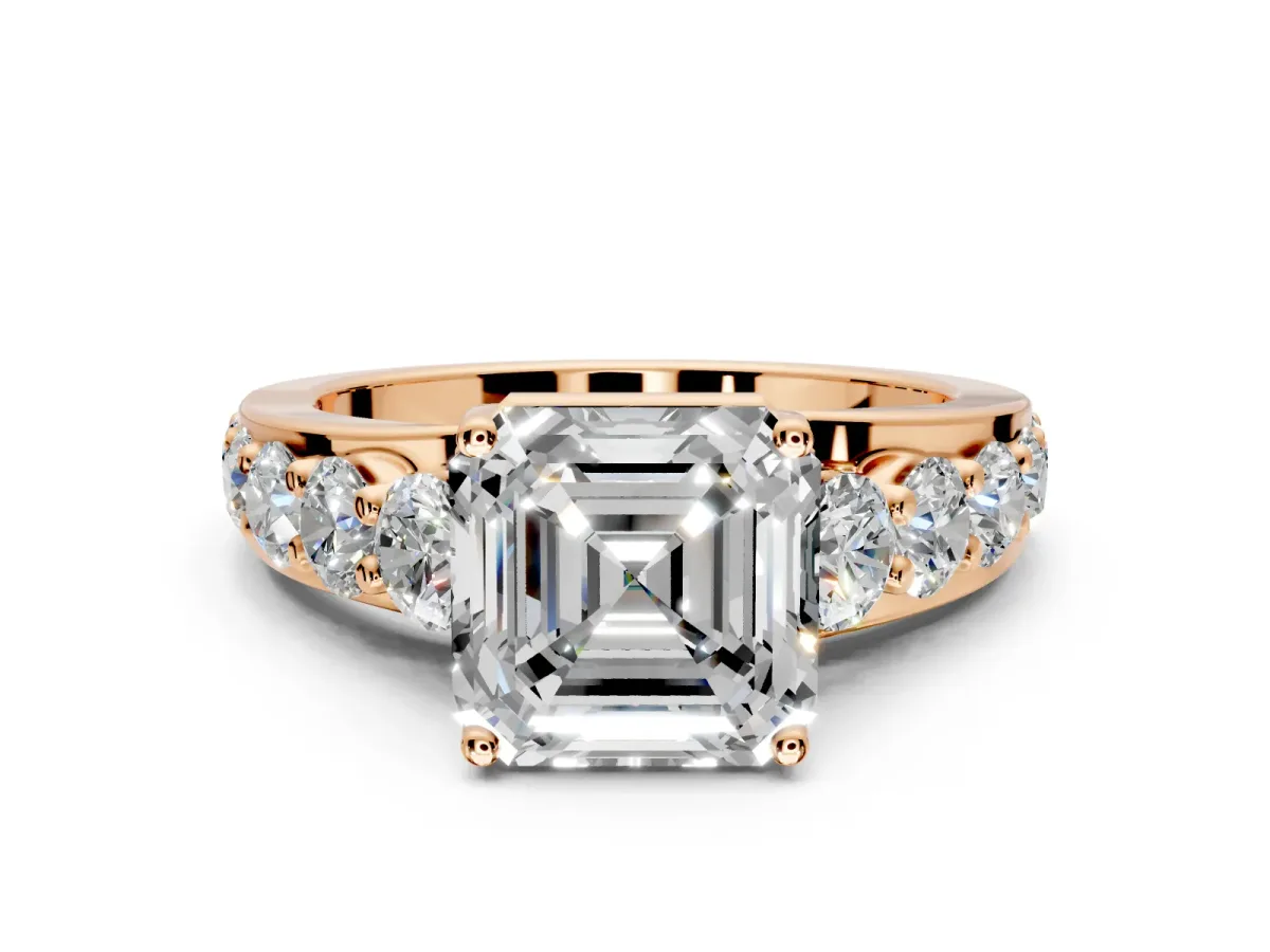 Solitaire Engagement Ring Setting for Asscher Cut Center with Graduated Shared Prongs and Prong Head in Rose Gold