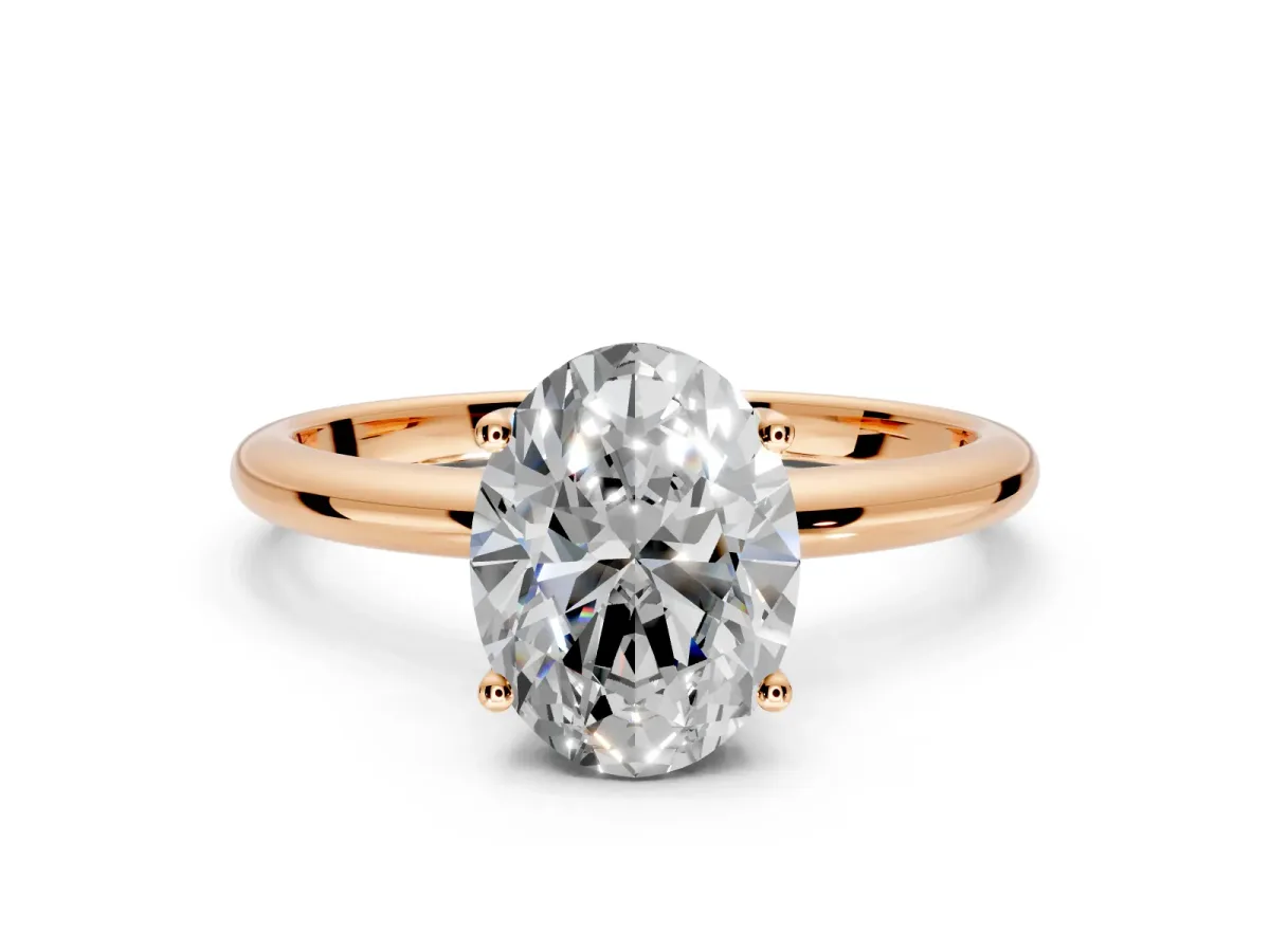 Hidden Halo Engagement Ring Setting for Oval Center with Thin Round-Wire Band and Prong Head in Rose Gold