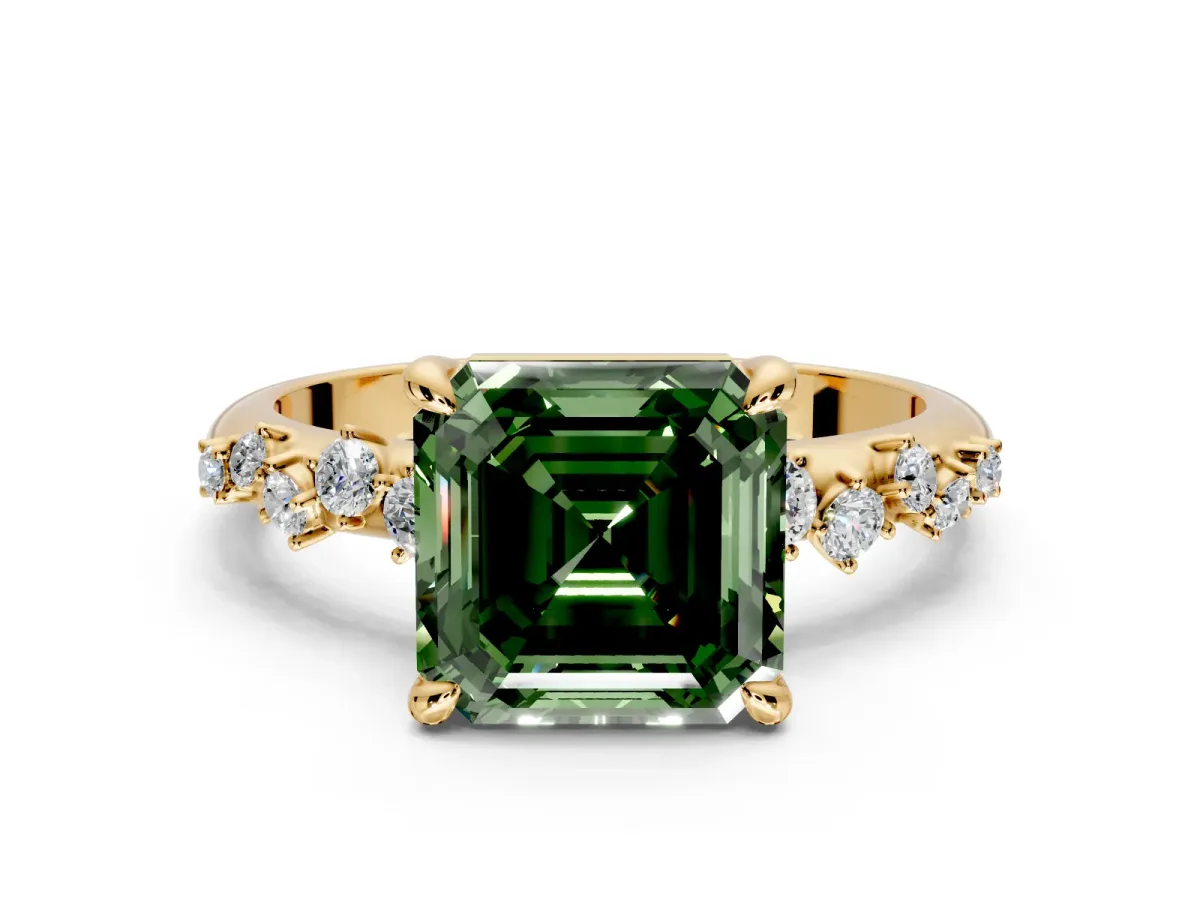 Solitaire Engagement Ring Setting for Fancy Green Asscher Cut Center with Trailing Leaf Accent Band and Prong Head in Yellow Gold