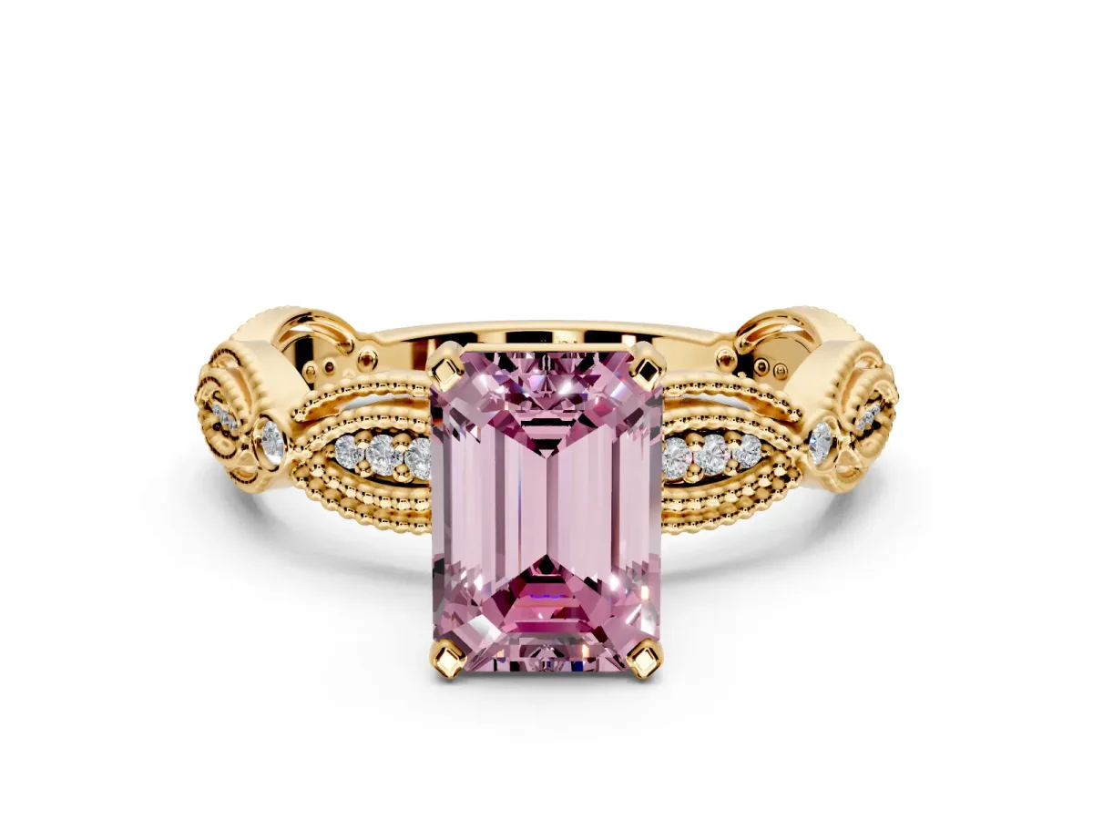 Solitaire Engagement Ring Setting for Fancy Pink Emerald Cut Center with Marquise Panel Band and Prong Head in Yellow Gold