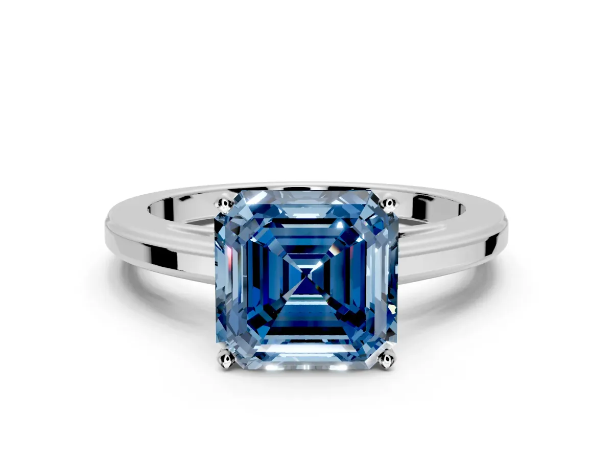 Solitaire Engagement Ring Setting for Fancy Blue Asscher Cut Center with Flat-Sided Plain Band and Prong Head in Sterling Silver