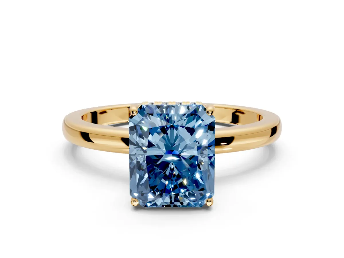Solitaire Engagement Ring Setting for Fancy Blue Radiant Cut Center with Fine Wire Band and Prong Head in Yellow Gold