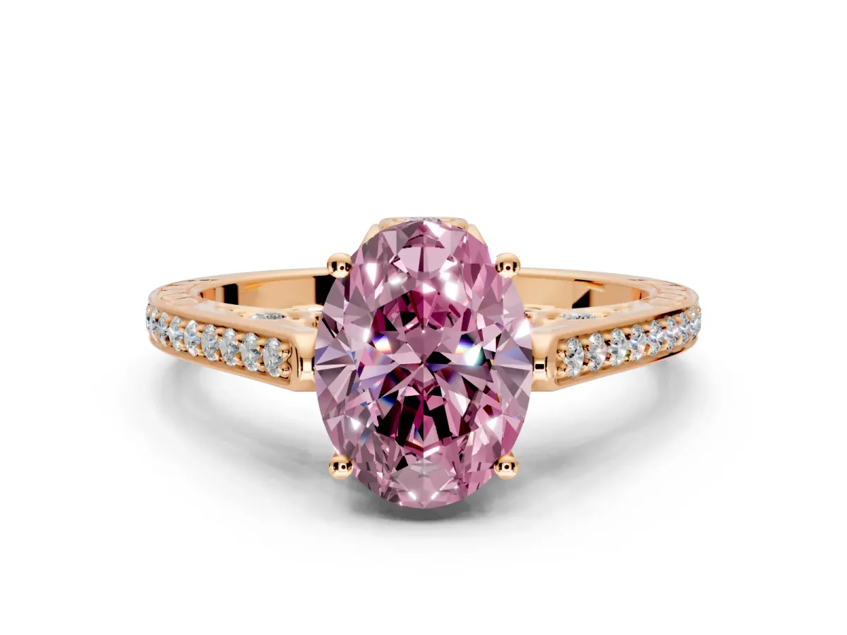 Cathedral Engagement Ring Setting for Fancy Pink Oval Center with Antique-Style Pave Band and Prong Head in Rose Gold