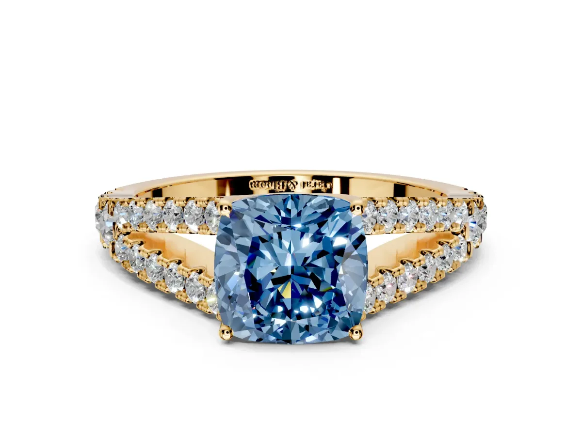 Solitaire Engagement Ring Setting for Fancy Blue Cushion Cut Center with Pave Split Shank and Prong Head in Yellow Gold