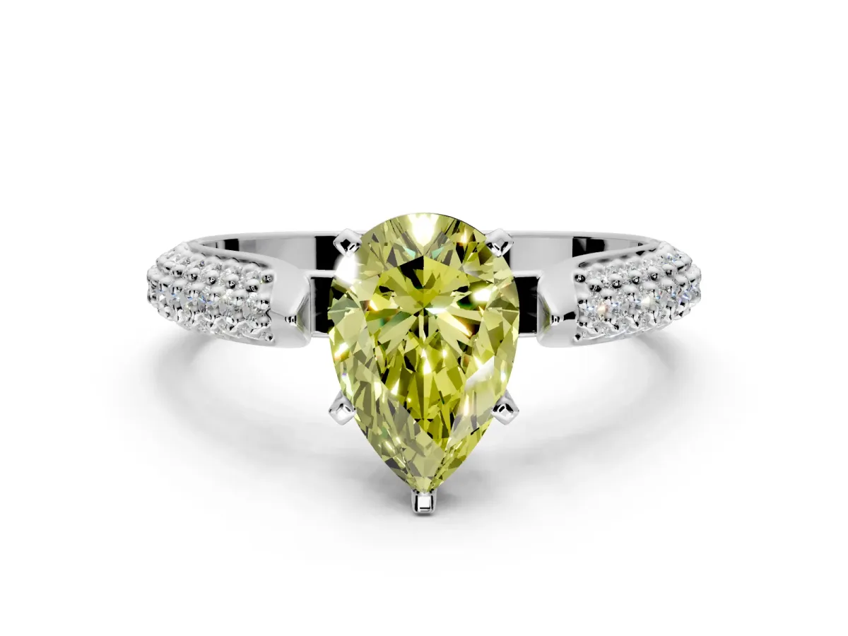 Solitaire Engagement Ring Setting for Fancy Yellow Pear-Shaped Center with Multi-Row Accents and Prong Head in Sterling Silver