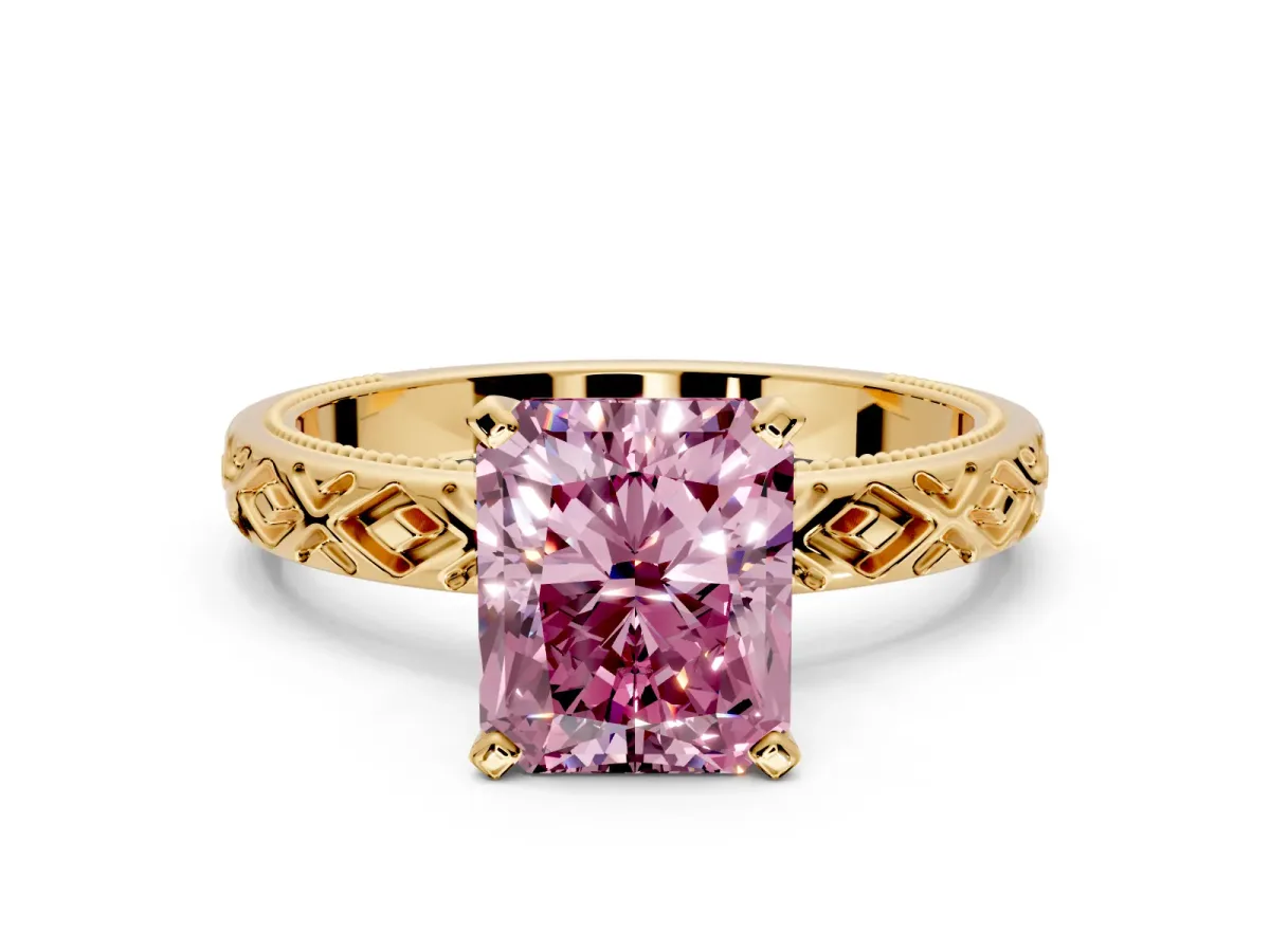 Solitaire Engagement Ring Setting for Fancy Pink Radiant Cut Center with Milgrain X Pattern Band and Prong Head in Yellow Gold