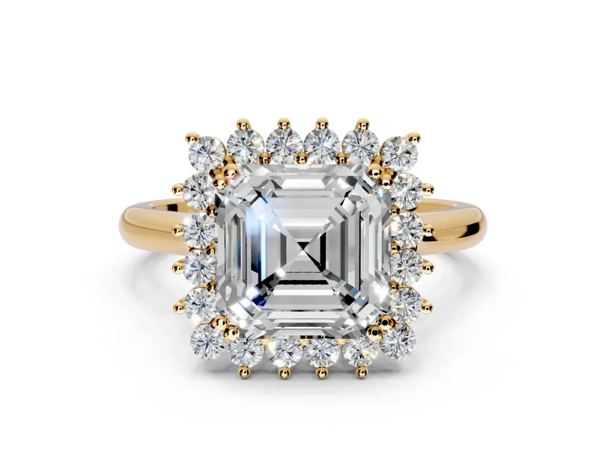 Starburst Halo Engagement Ring Setting for Asscher Cut Center with Thin Round-Wire Band and Prong Head in Yellow Gold