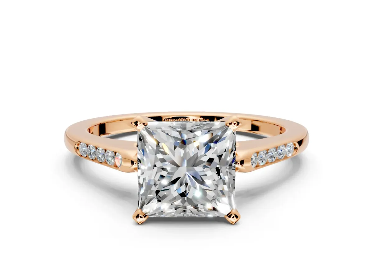 Solitaire Engagement Ring Setting for Princess Cut Center with Channel Accents and Prong Head in Rose Gold