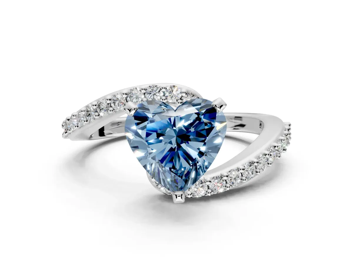 Solitaire Engagement Ring Setting for Fancy Blue Heart-Shaped Center with Pave Bypass Swirl Band and Prong Head in White Gold