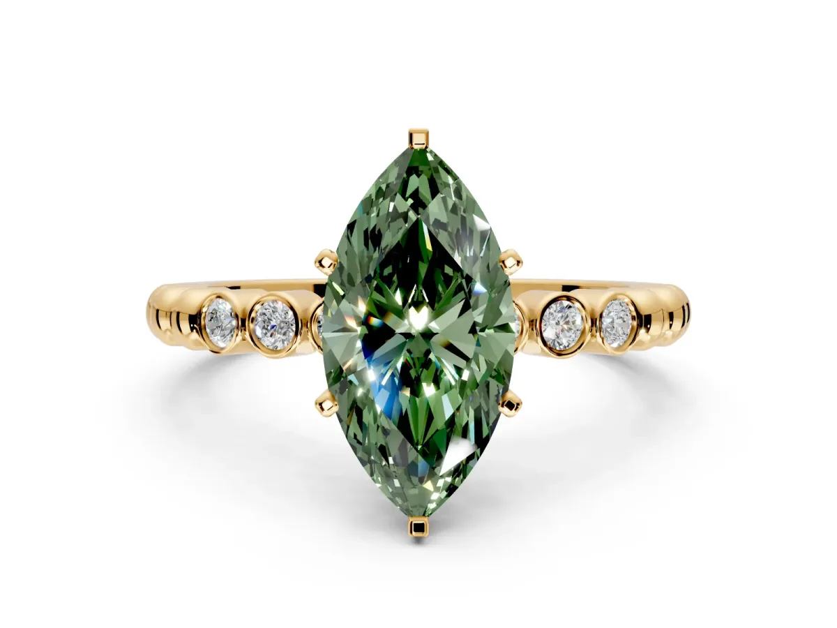 Solitaire Engagement Ring Setting for Fancy Green Marquise Center with Bezel-Dot Beaded Band and Prong Head in Yellow Gold